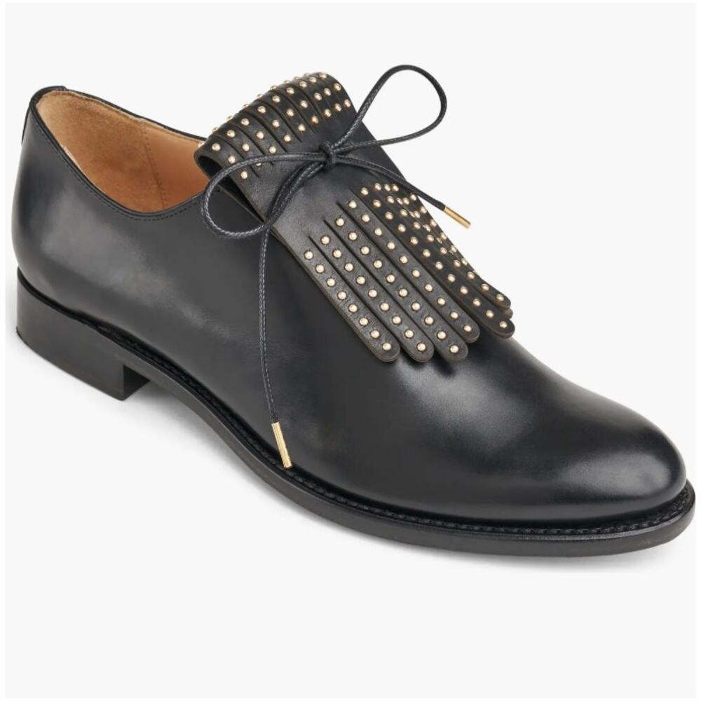 The Office of Angela Scott Ms. Jane Kiltie Loafers Black Gold Studded Size 39.5